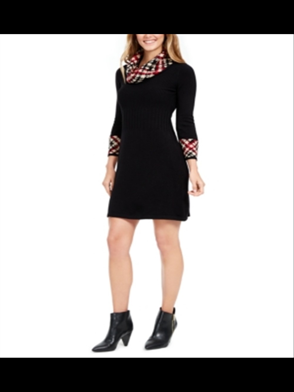 Jessica Howard Black Knit 3/4 Sleeve Dress with Red Cream Plaid Trim